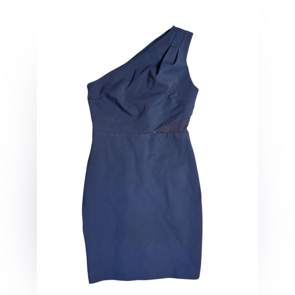 Halston Heritage one-shoulder mini dress with a mesh inset asphalt blue NWT S